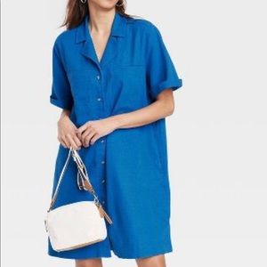 Short Sleeve Button Front Blue Dress